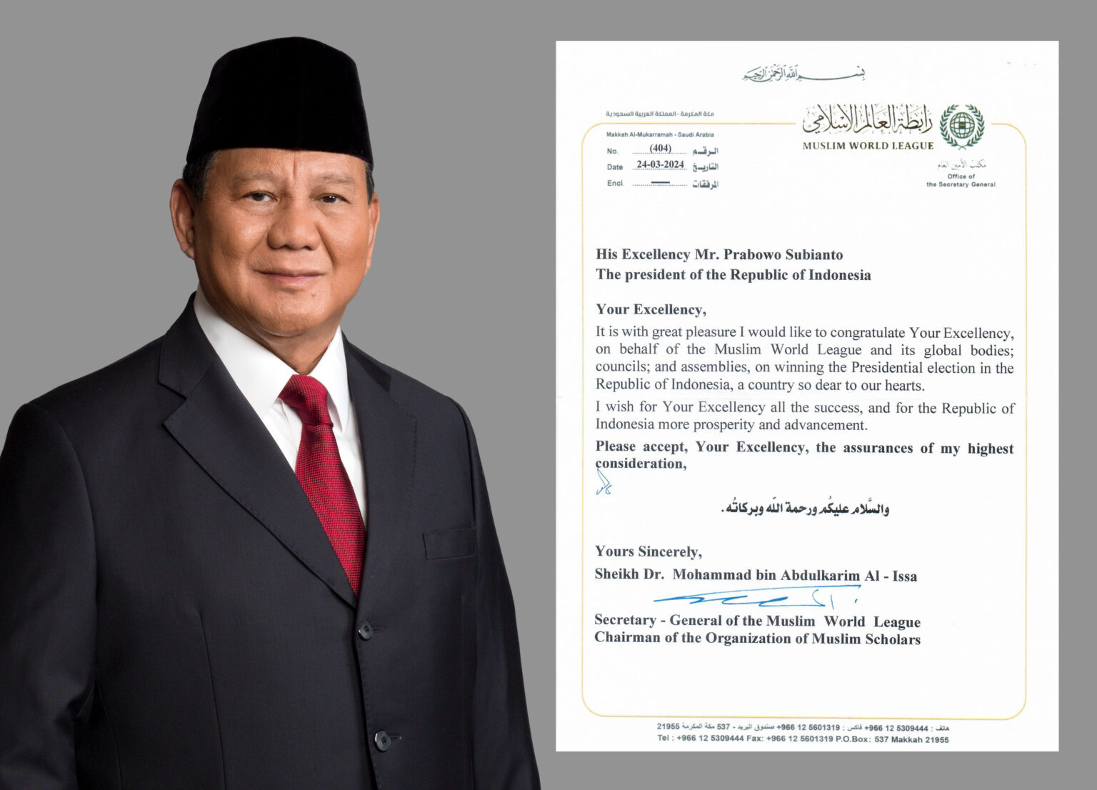 World Muslim League congratulates Prabowo Subianto on winning presidential election